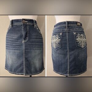 Earl Jean Skirt 10 Blue Denim Rhinestone Embellished Cross Pockets Women’s